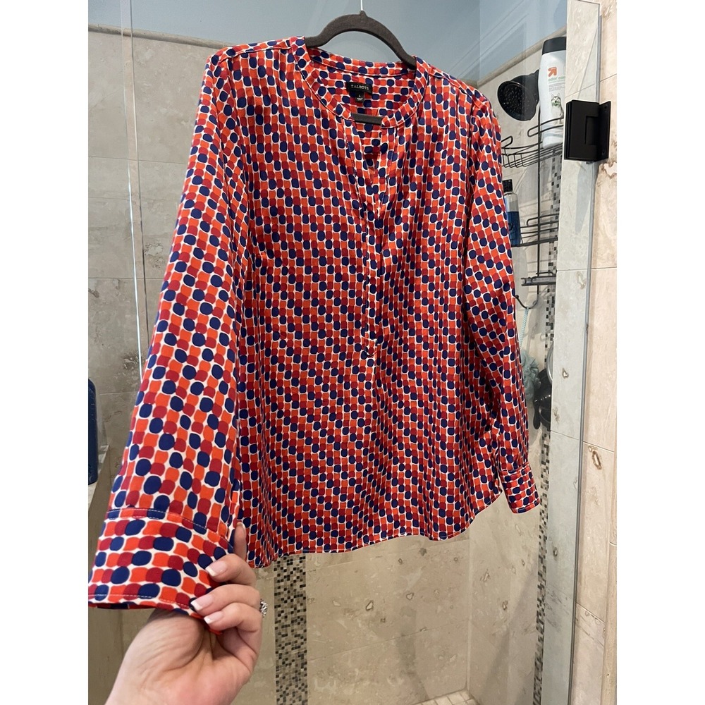 Talbots Blouse Tunic Red Blue Orange Geometric Dot Print Large